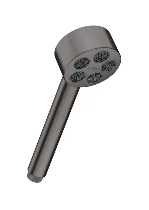 Dusche mit runder Kopfbrause und schmalem Griff in gebürstetem Schwarzchrom. Die Brause hat vier Wasserstrahlöffnungen. Marke AXOR ist erkennbar.